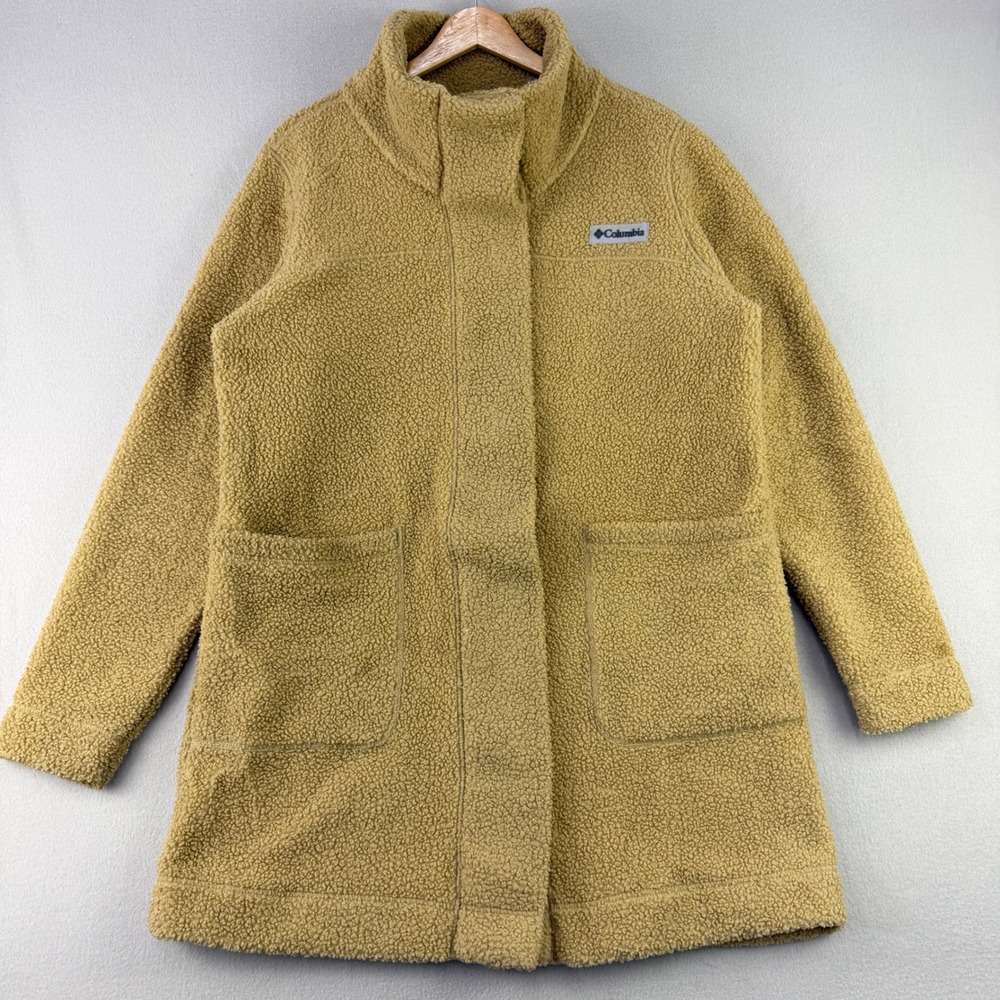 Columbia Panorama Long Jacket Women Large Tan Sherpa Fleece Snap Winter
